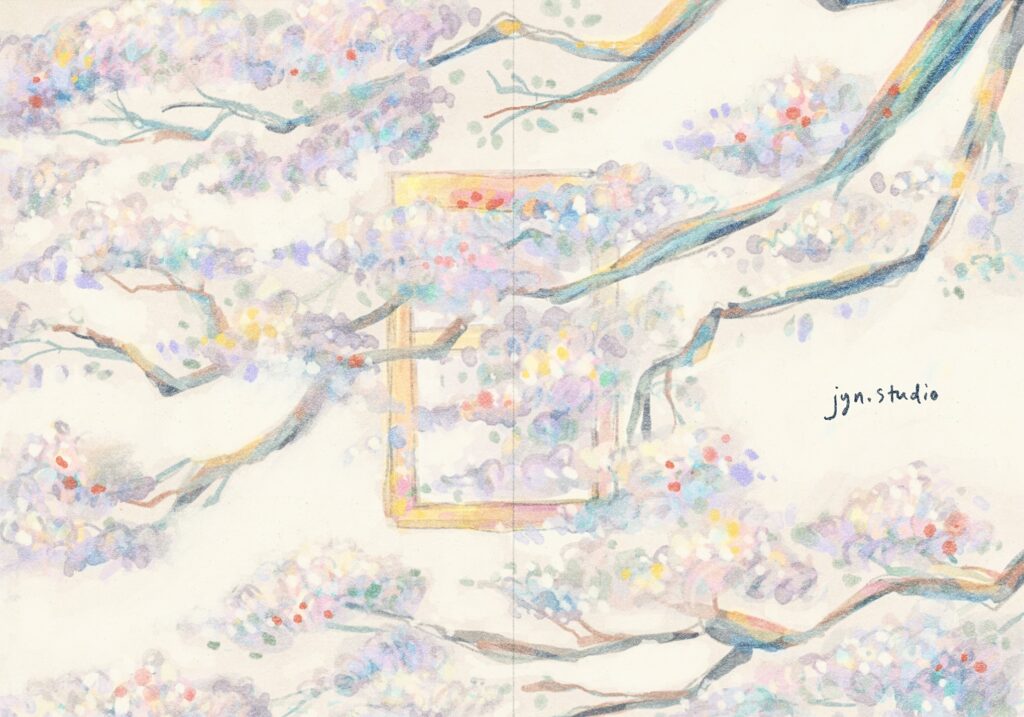 Pastel flowering branches surrounding a window in a sketchbook illustration.