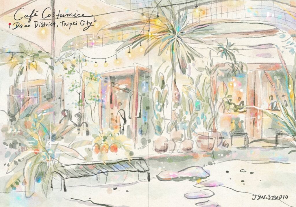 A leafy cafe courtyard with hanging plants, windows, and tables, drawn in soft colors.