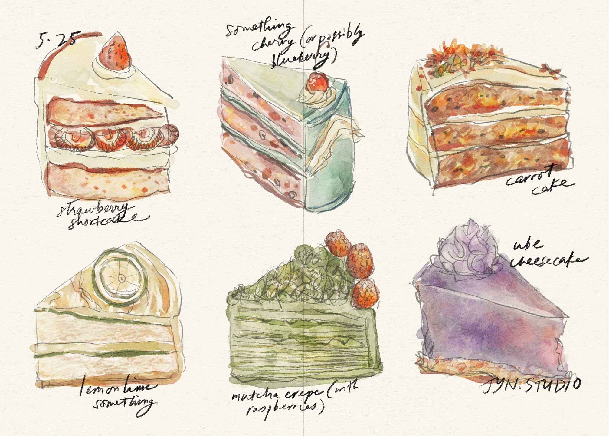 Six illustrated cake slices with fruit, cream, and handwritten sketchbook annotations.