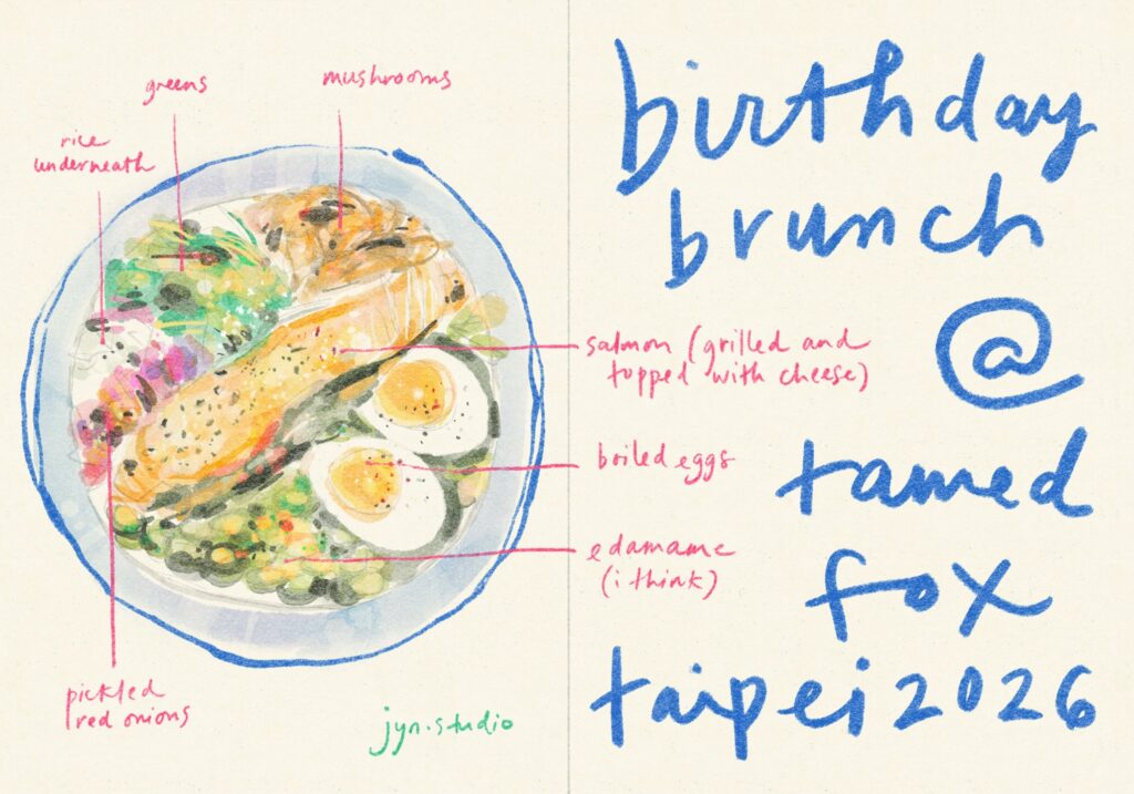 Illustrated brunch plate with salmon, eggs, greens, and handwritten blue lettering.