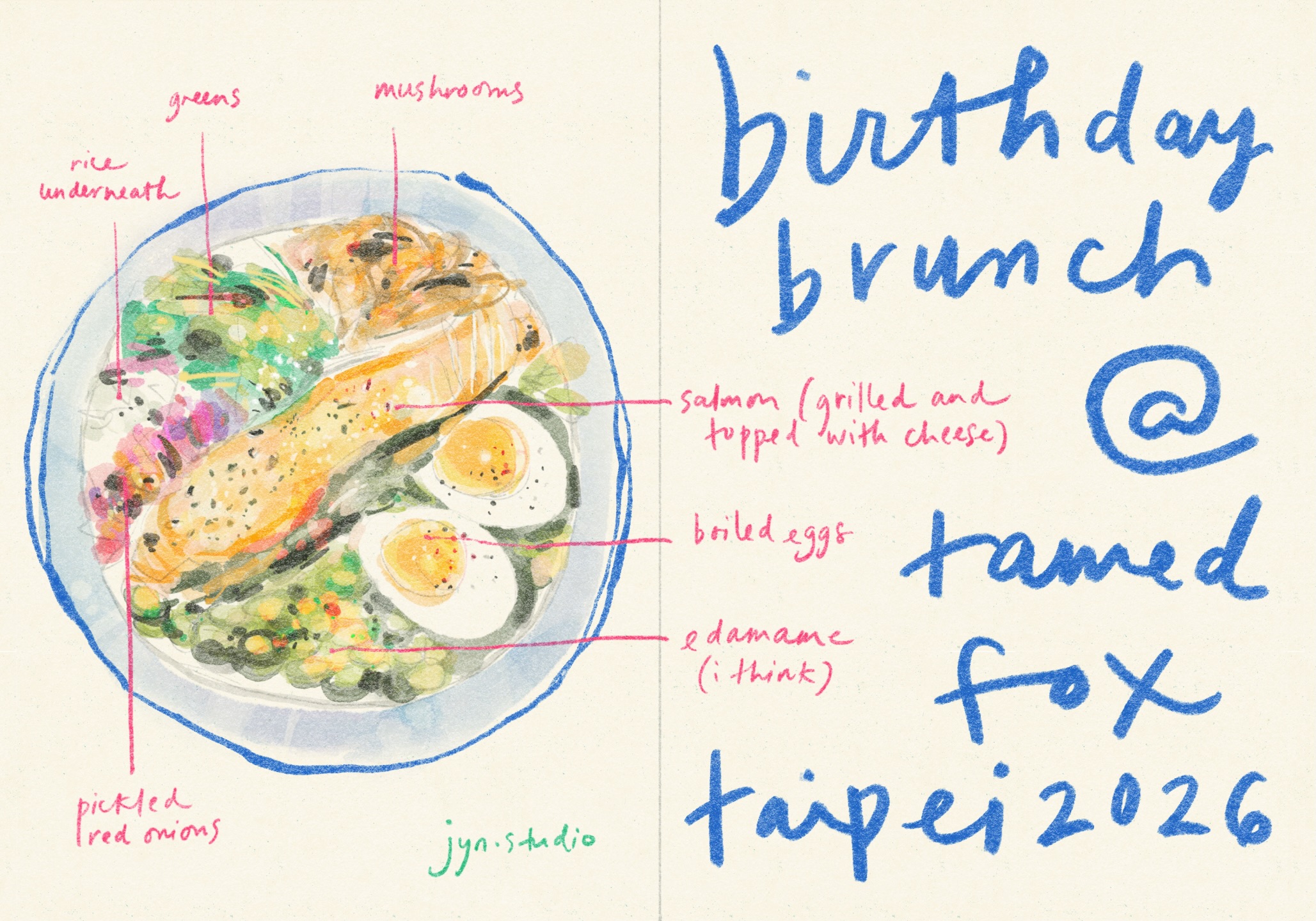 Illustrated brunch plate with salmon, eggs, greens, and handwritten blue lettering.