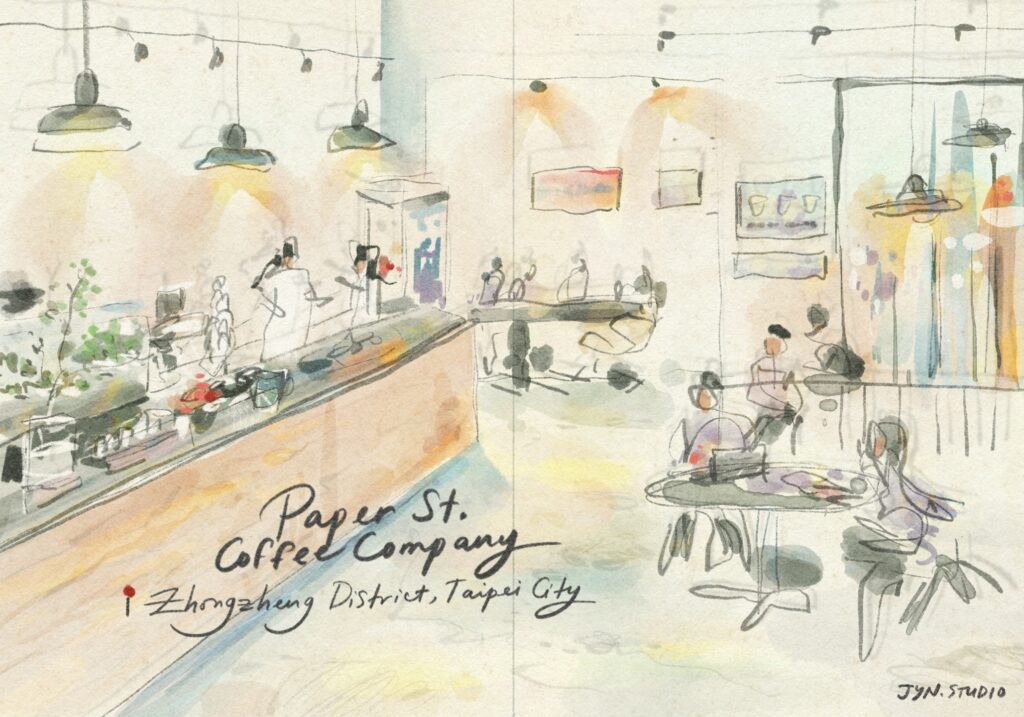 Softly colored drawing of a coffee shop interior with pendant lights, a counter, and seated visitors.