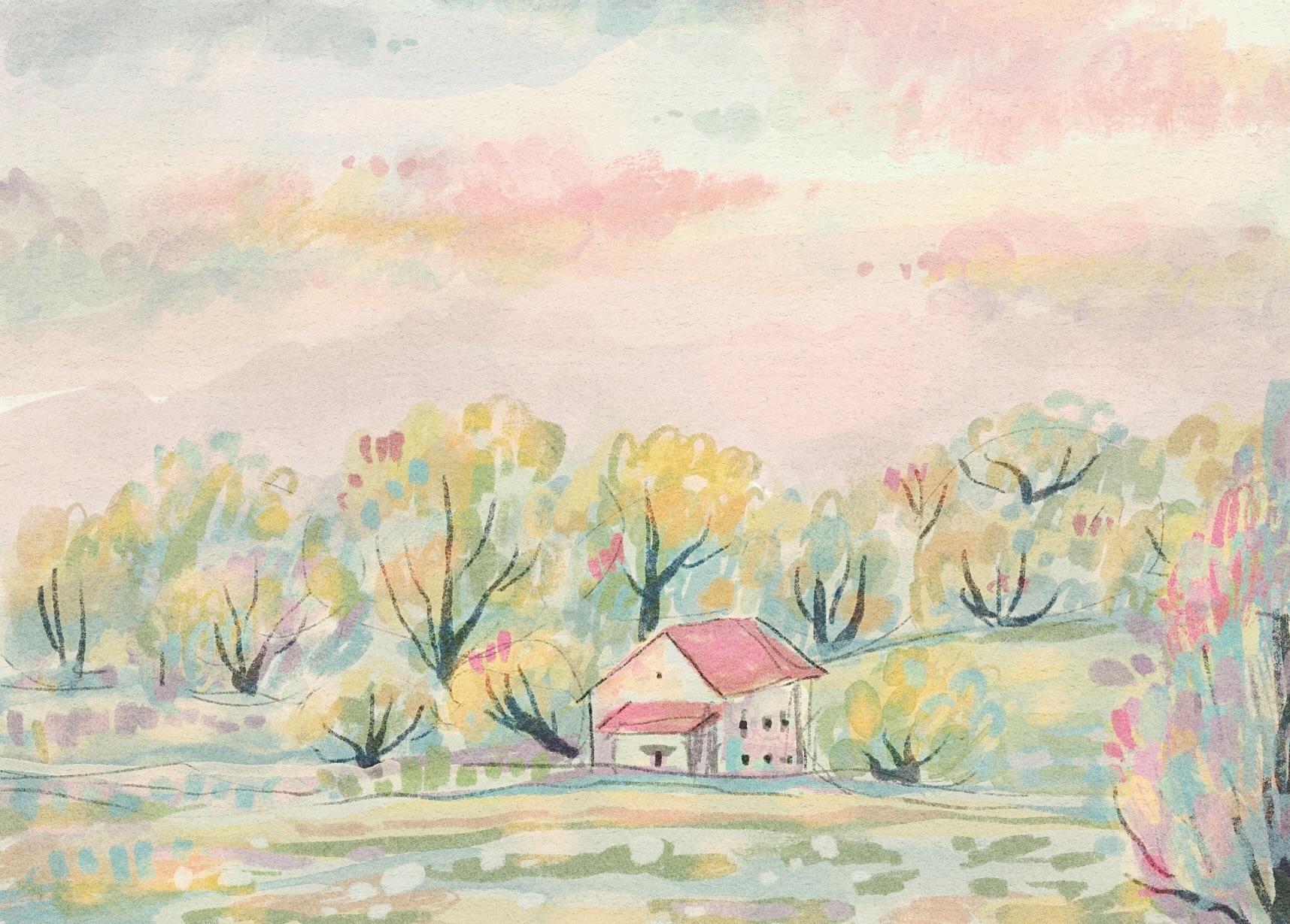 A small pink-roofed house among trees beneath a pastel pink and blue sky.