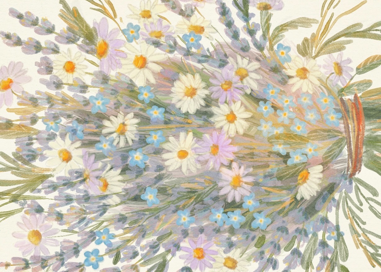 A loose bouquet of white and lavender daisies and small blue flowers tied with a ribbon.